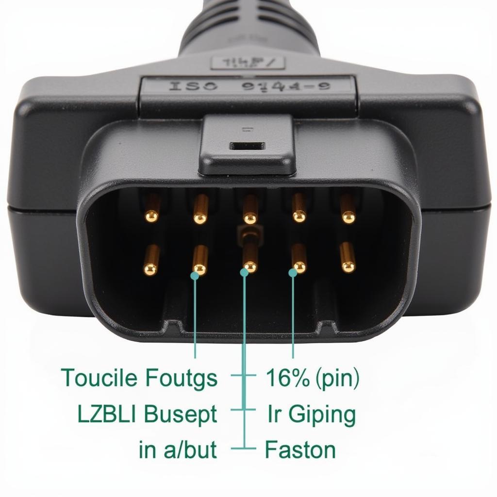 Close-up view of a 16-pin ISO 9141-2 OBD2 connector plugged into a car's diagnostic port, showcasing the physical connector and its pins.