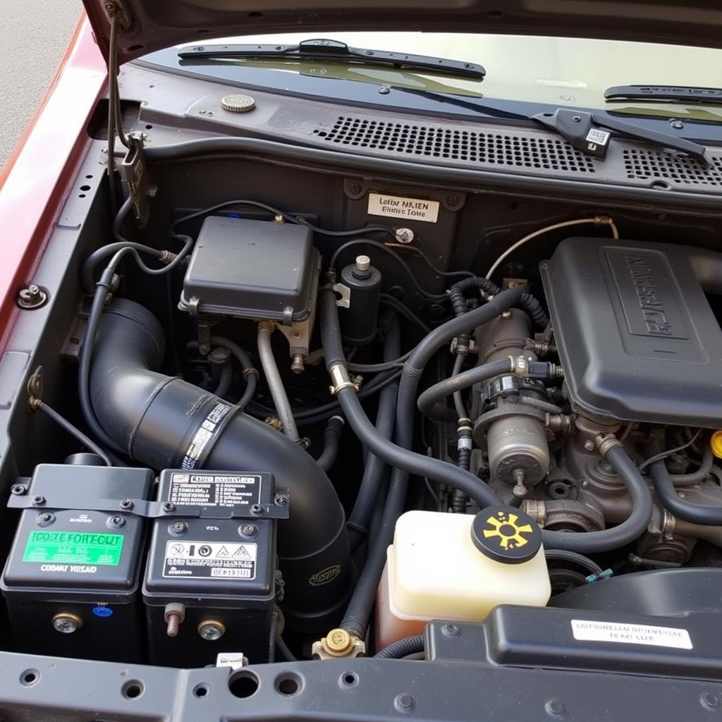 1992 Nissan Hardbody engine bay with a focus on potential OBD connector locations.