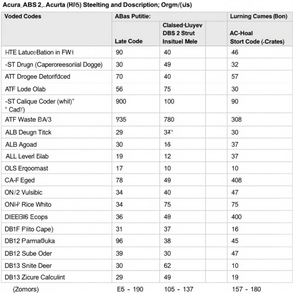 OBD2 Code Chart for a 1996 Acura Integra