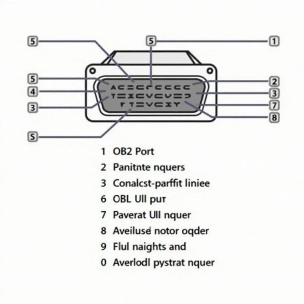 A diagram showing the 16-pin layout of an OBD2 port with pin functions labeled.