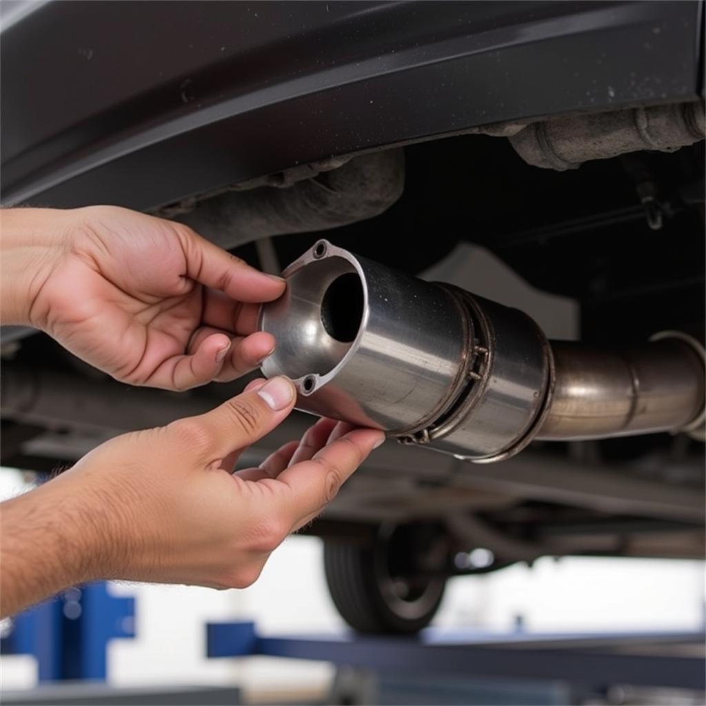 Close-up view of a 2.5 inch cat flow being installed in a car exhaust system