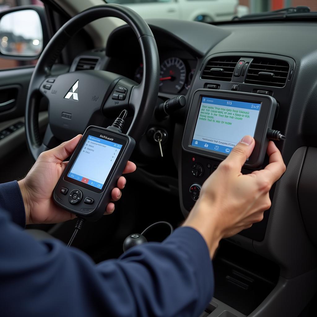 Mechanic Using OBD2 Scanner on 2003 Mitsubishi Outlander