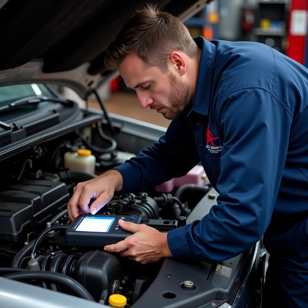 Mechanic Inspecting 2003 Silverado Engine Bay