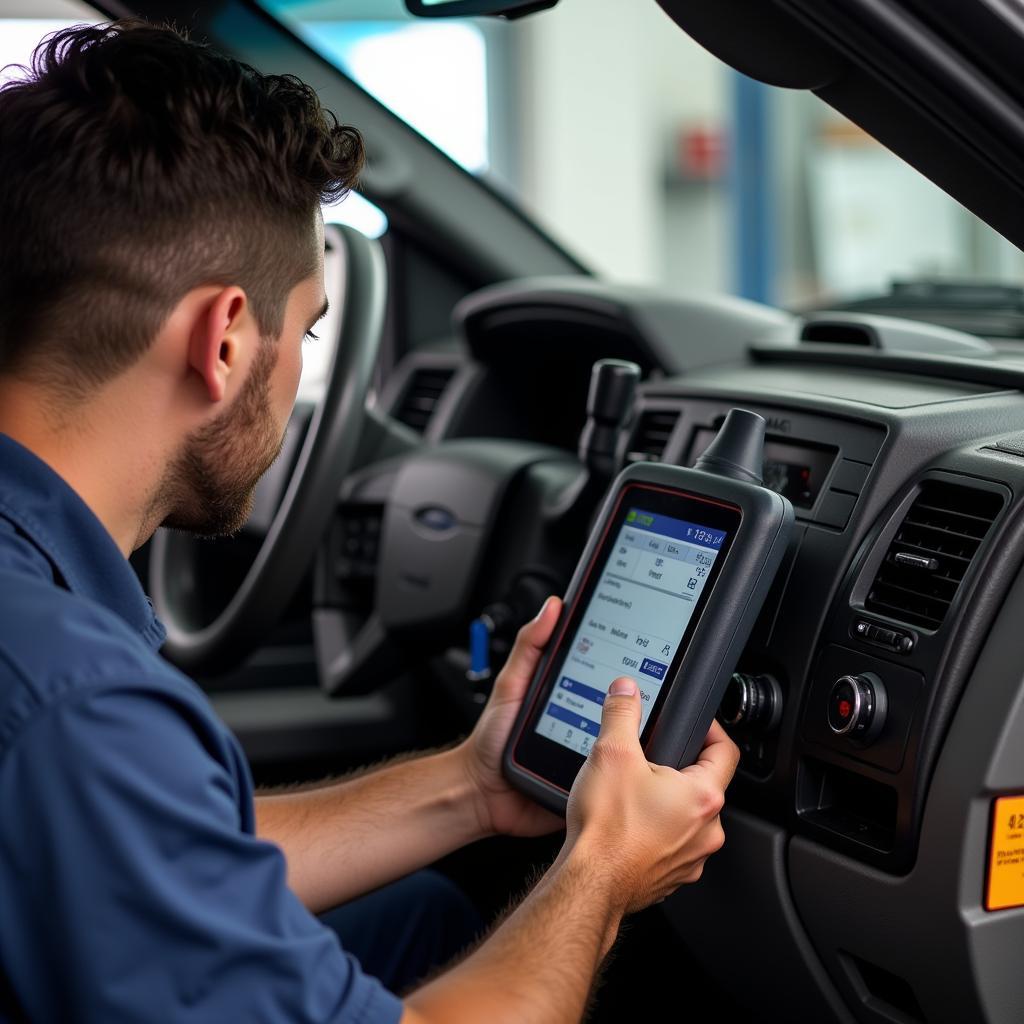 Mechanic Using OBD2 Scanner for Diagnostics on 2005 F150