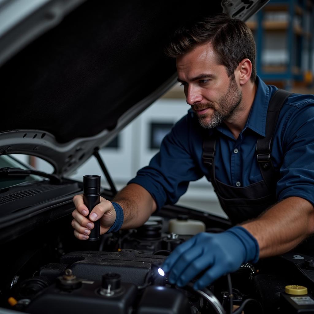 Mechanic Inspecting the Engine Bay of a 2006 Mercury Mariner