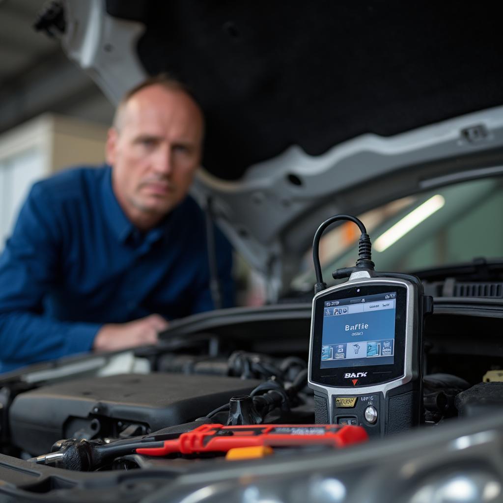 A mechanic inspecting the engine bay of a 2008 Subaru with a BAFX OBD2 scanner in the foreground