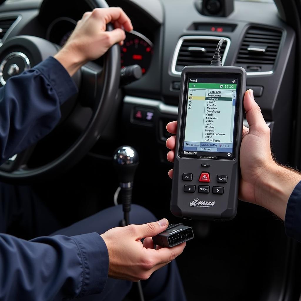 Mechanic using an OBD2 scanner on a 2013 Mazda 3