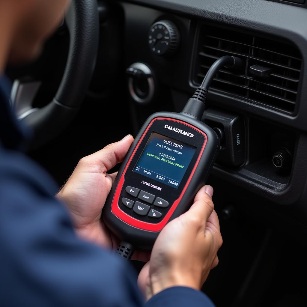 A mechanic connecting an OBD2 scanner to a car's diagnostic port