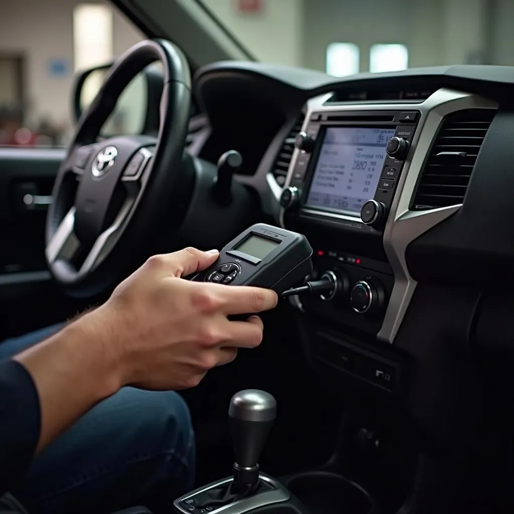 Mechanic Using OBD2 Scanner on 2014 Tacoma