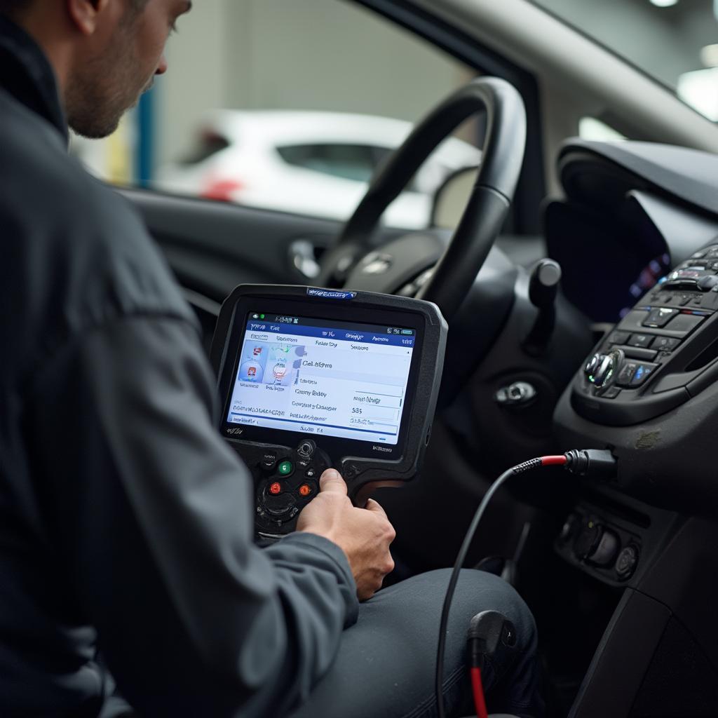 Mechanic Using OBD2 Scanner on 2016 Ford Fiesta