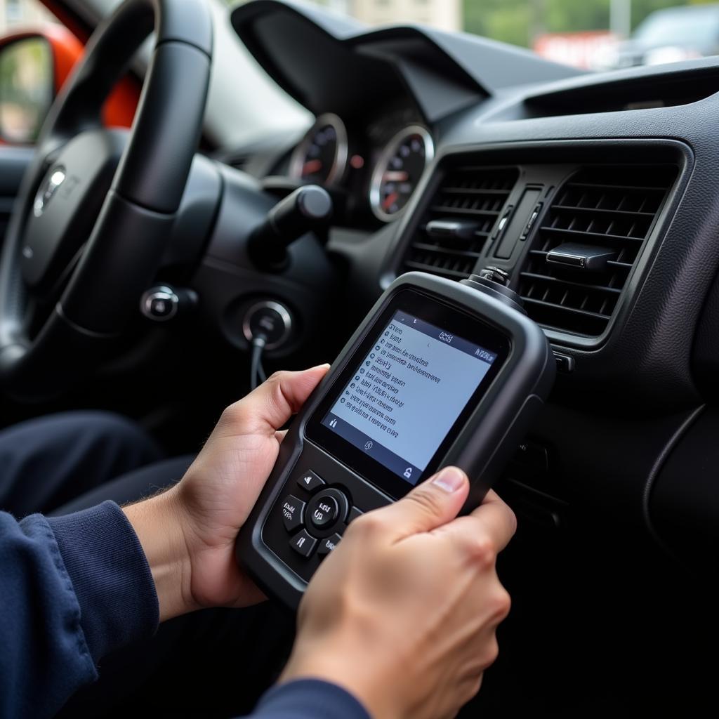 Mechanic Using a 2018 OBD2 Scanner to Diagnose a Car