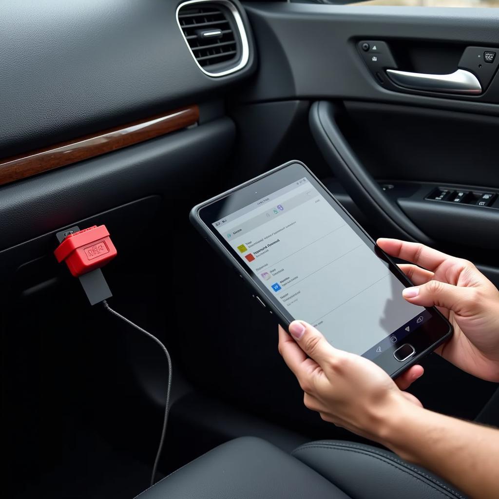 7111 OBD2 Tablet Connected to a Car's OBD2 Port