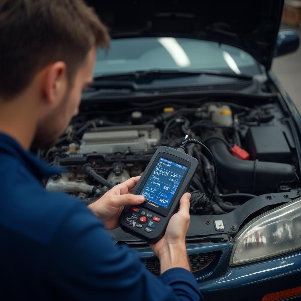 Mechanic diagnosing a 1997 Honda Prelude with a professional OBD2 scanner