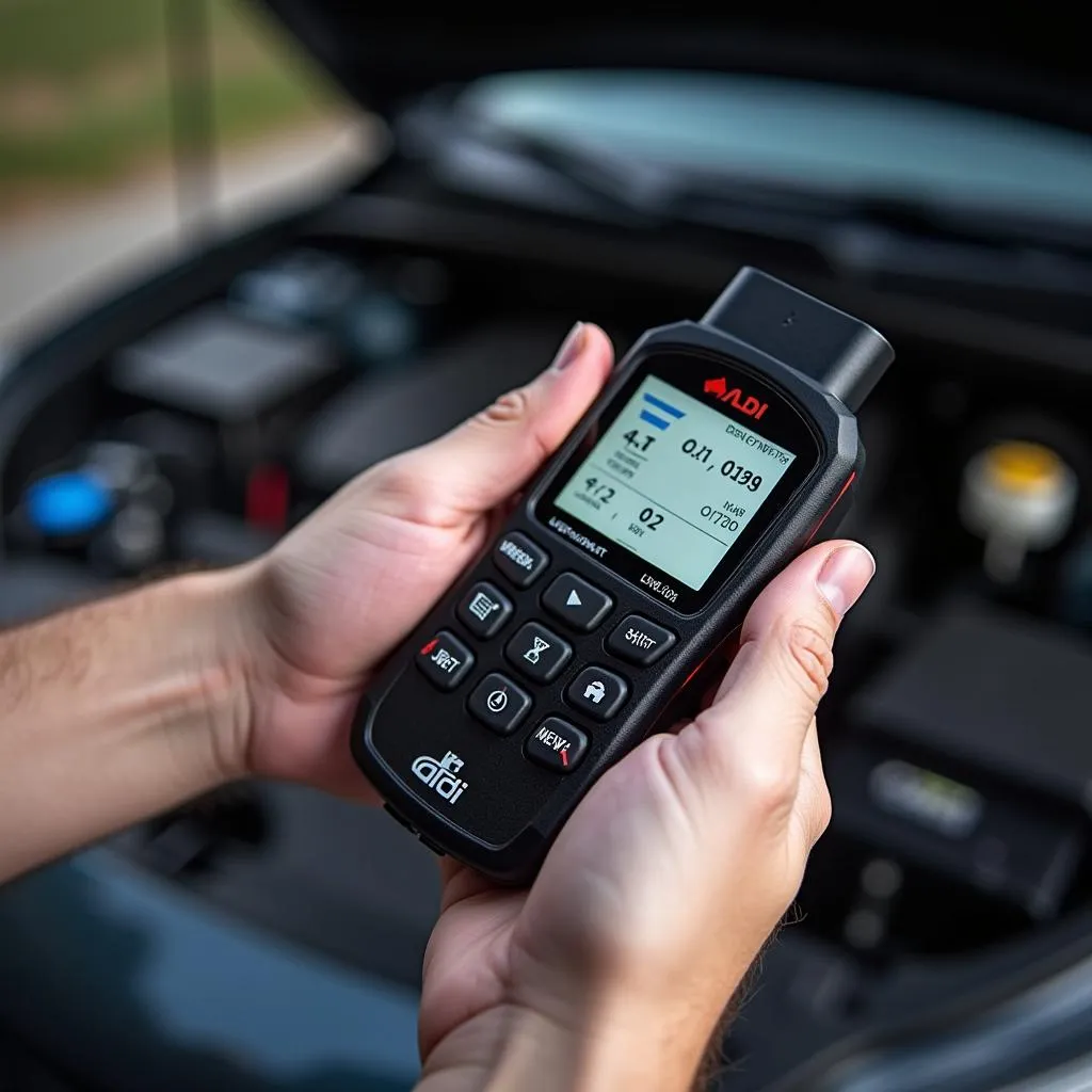 Person holding an ALDI OBD2 code reader