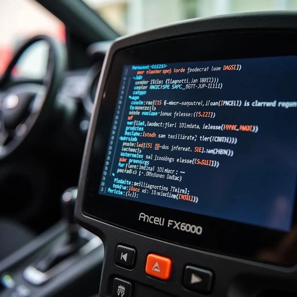 Close-up image of Ancel FX6000 OBD2 Scanner screen displaying diagnostic codes and data