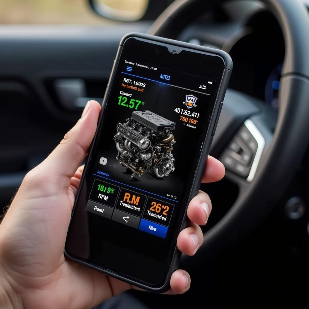 Autel AP200 Bluetooth OBD2 scanner displaying engine data on a smartphone