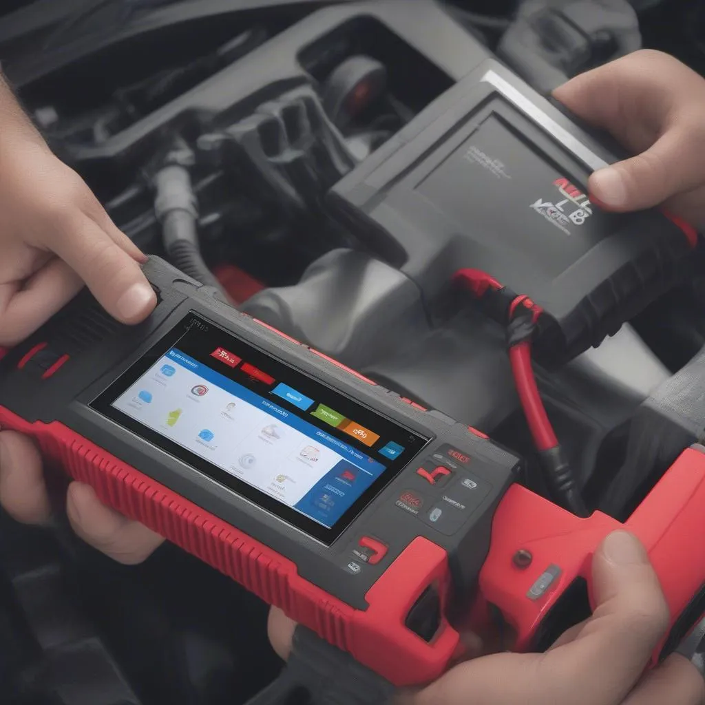 Mechanic holding the Autel MaxiCOM MK808 OBD2 scanner