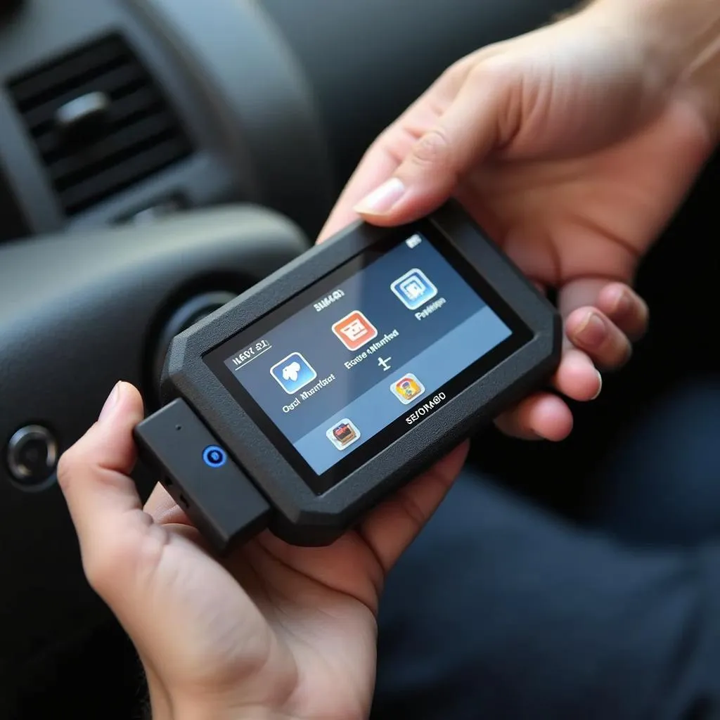 Autel MaxiCOM MK808BT OBD2 scanner being held in a hand