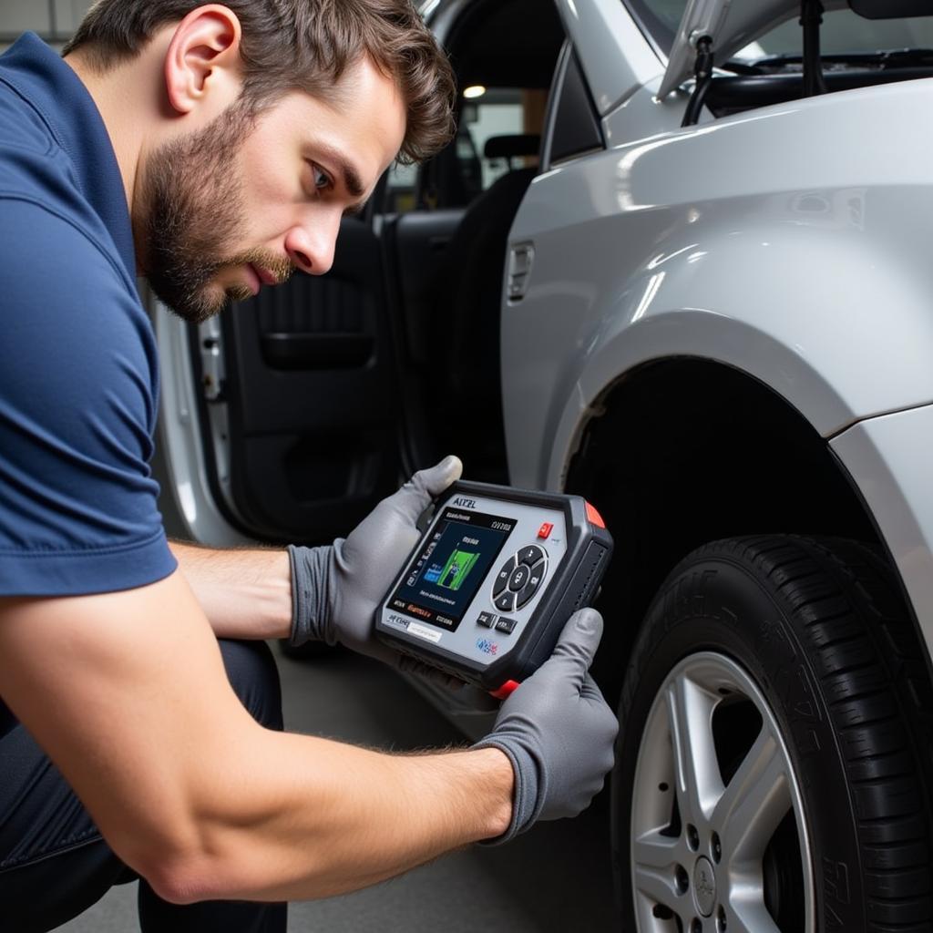 Mechanic Using Autel MaxiCOM MK808TS on a Vehicle