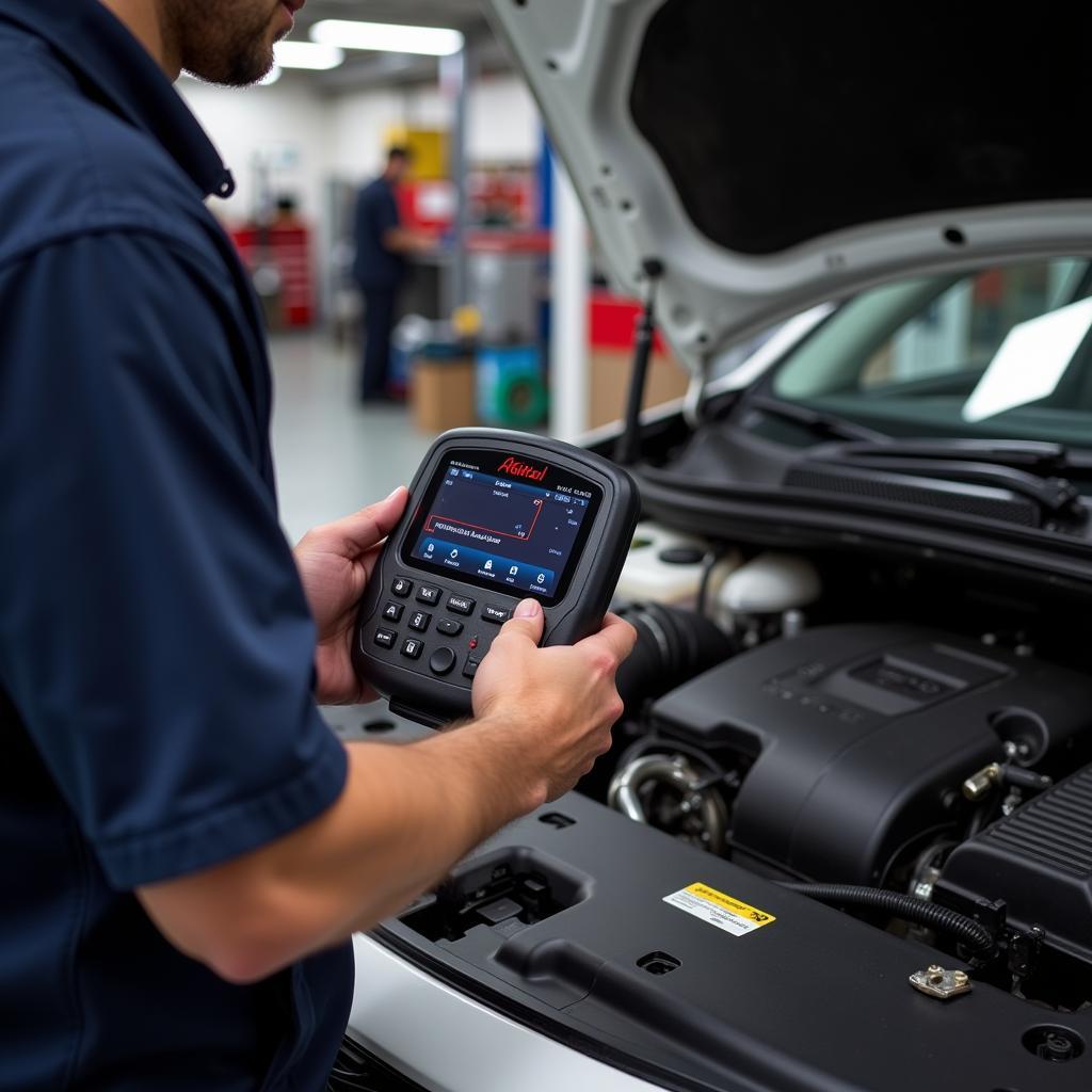 Auto Mechanic Checking Car Engine with OBD2 Code Reader