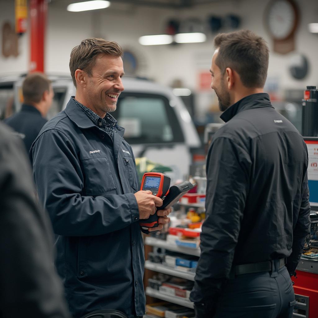 Auto Parts Store Employee Assisting Customer with OBD2 Scanner