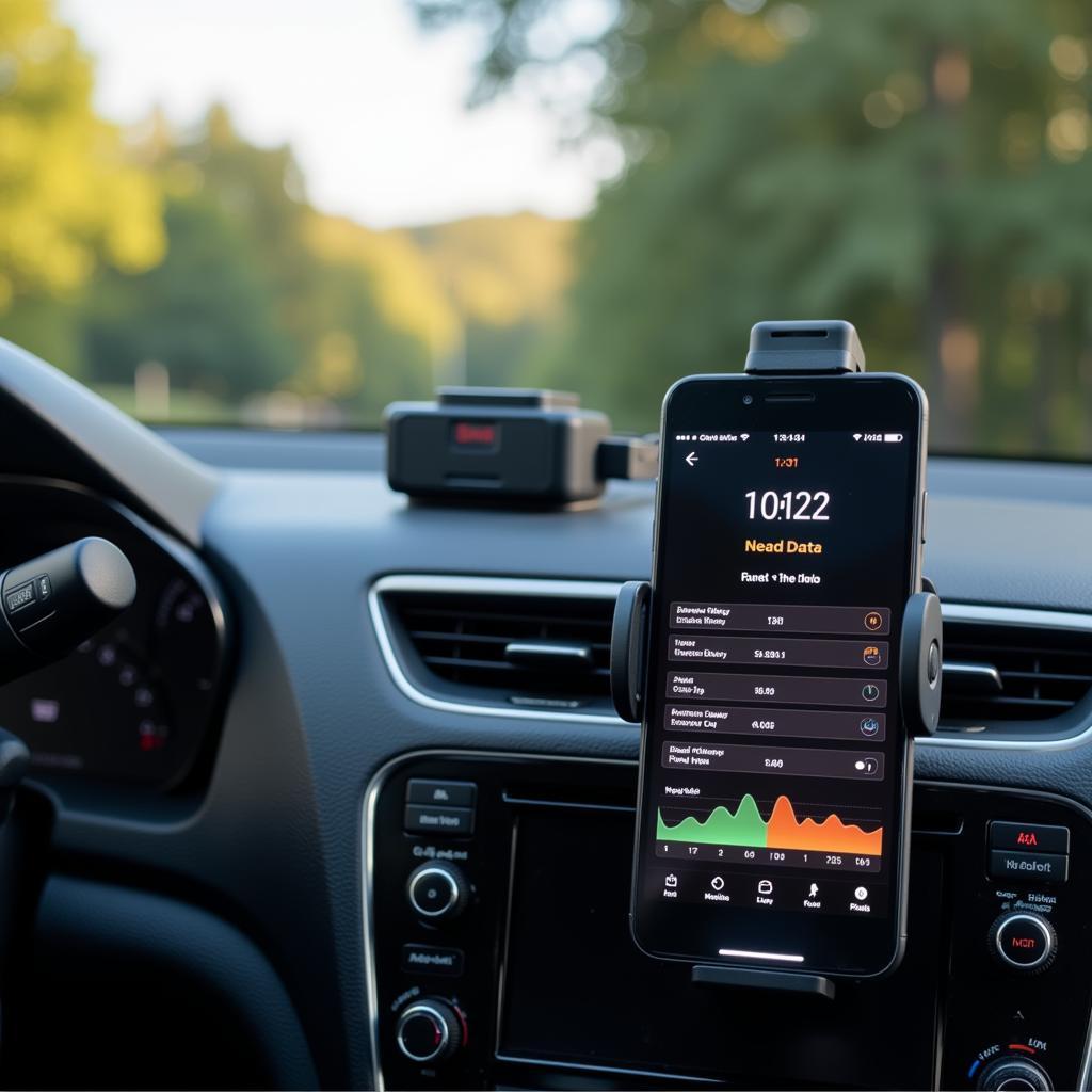 Smartphone with OBD2 app connected to a car's OBD2 port