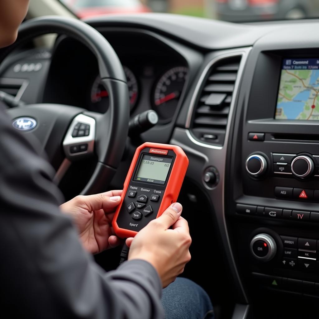 AutoZone employee using an OBD2 code reader on a car