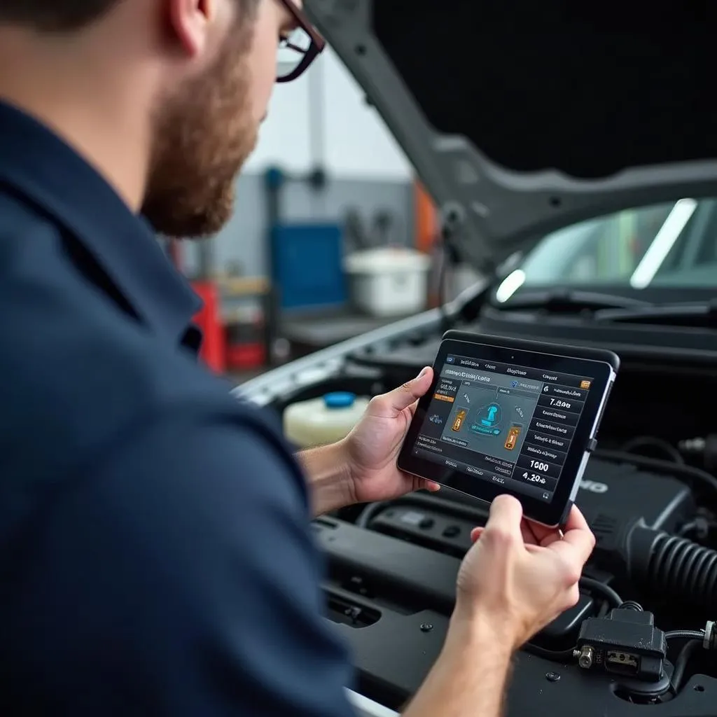 Mechanic using BAFX OBD2 Interface for car diagnostics