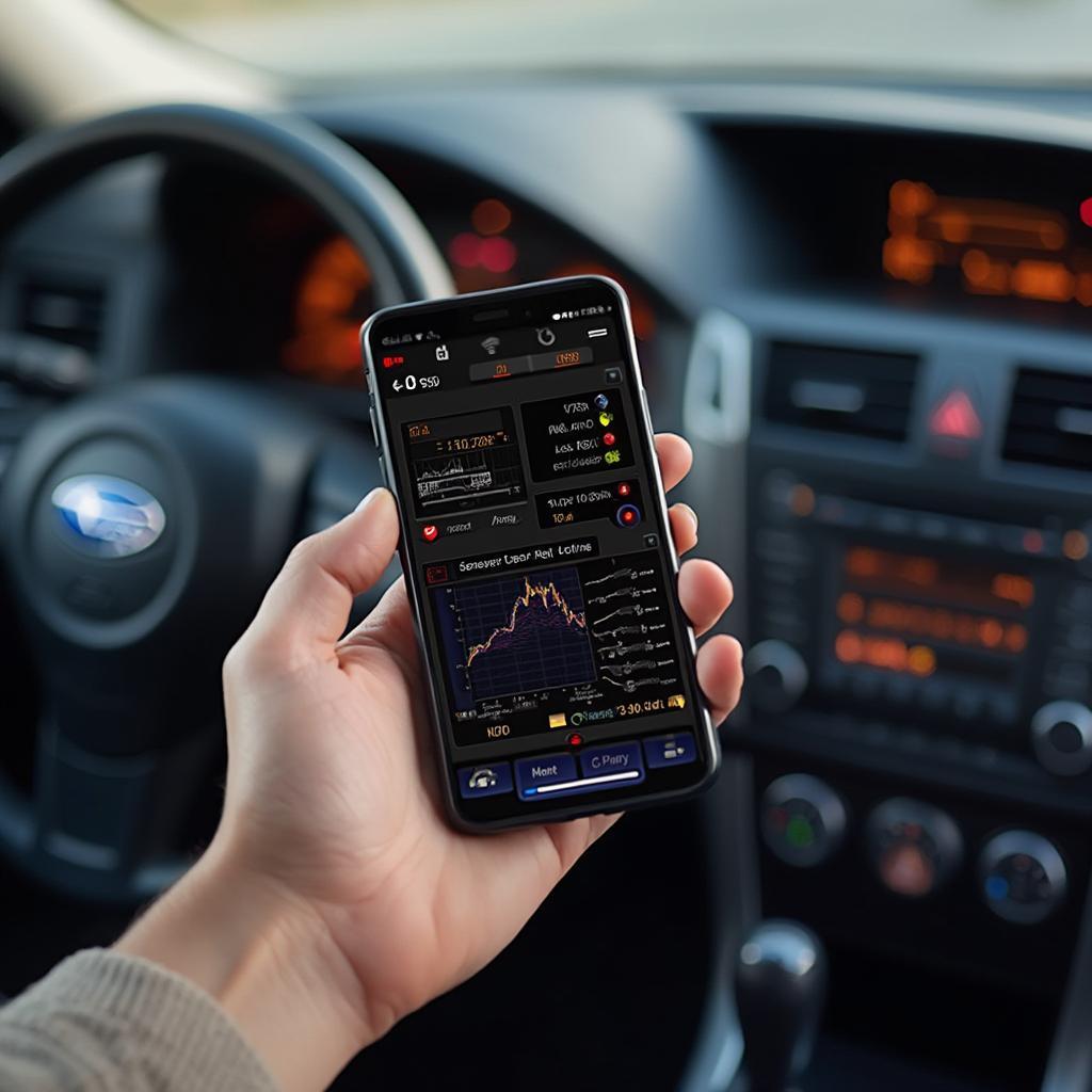 Smartphone displaying engine data from a 2008 Subaru using the BAFX OBD2 scanner app