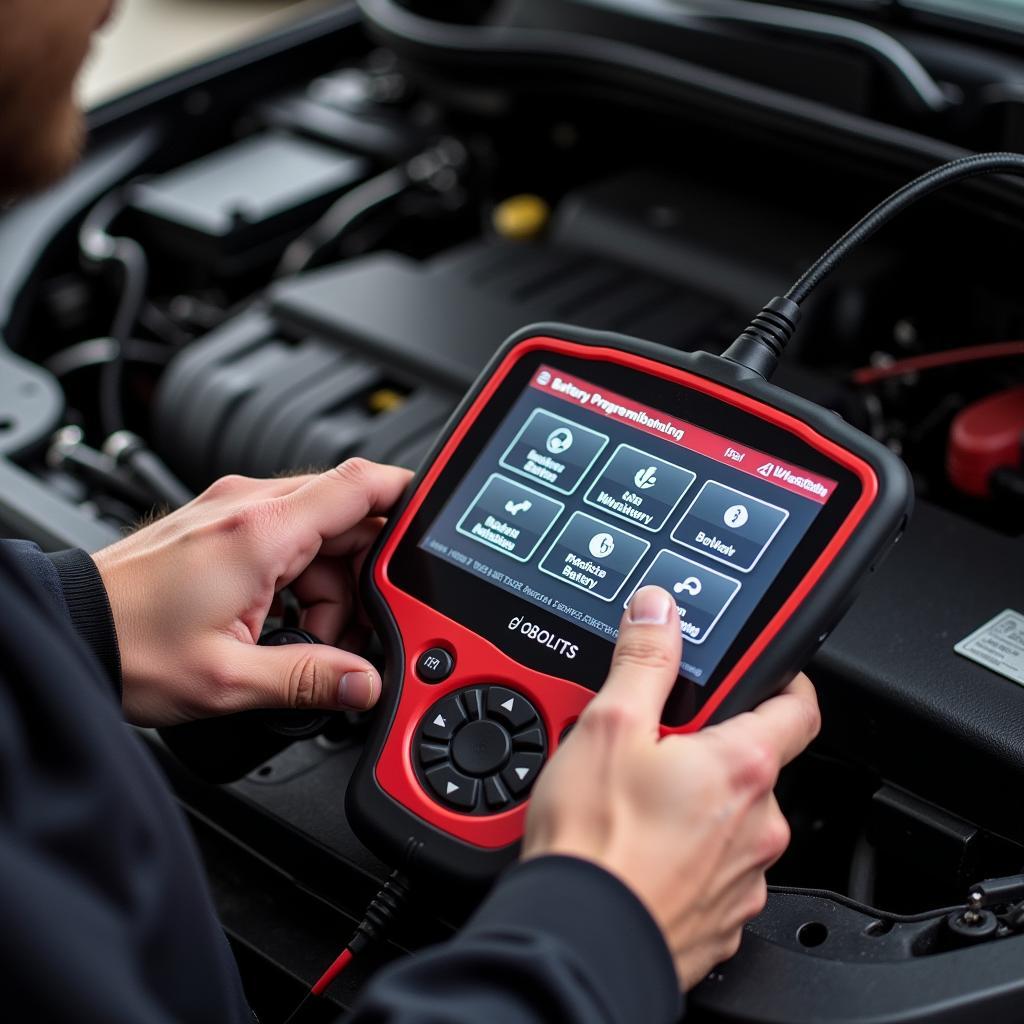 Mechanic performing battery programming on a car using an OBD2 scanner