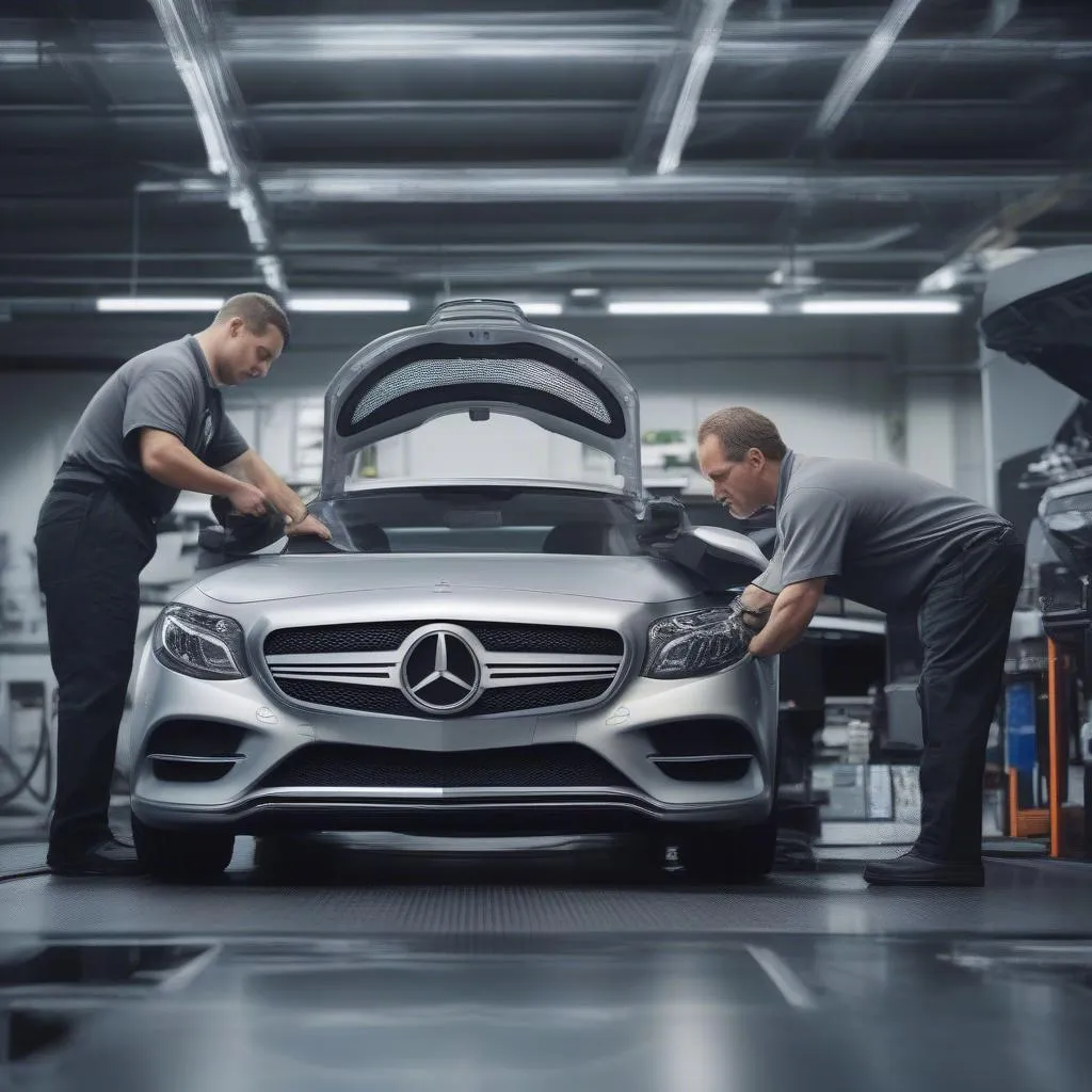 Mechanic using an OBD2 scanner on a Mercedes engine