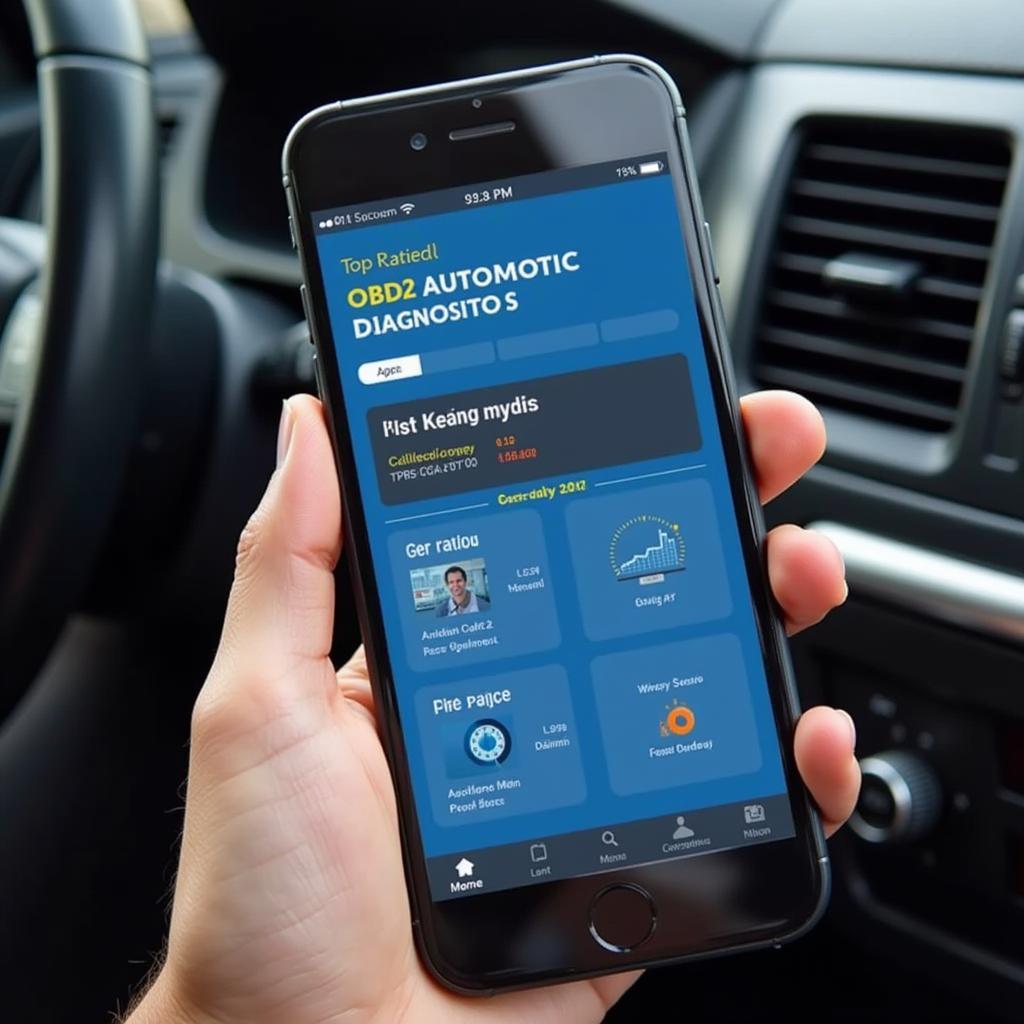 Smartphone displaying the best OBD2 automotive diagnostic app connected to a car