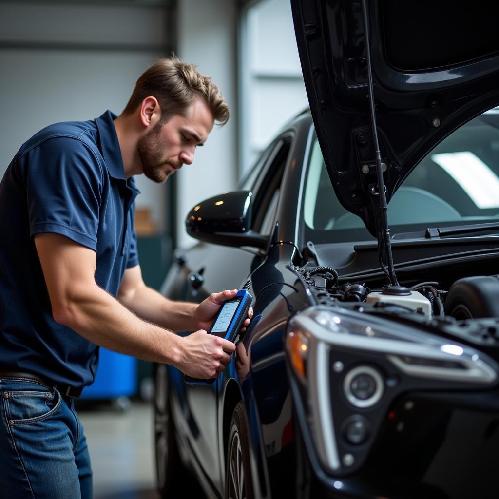 Mechanic using an OBD2 scan tool on a car in a garage