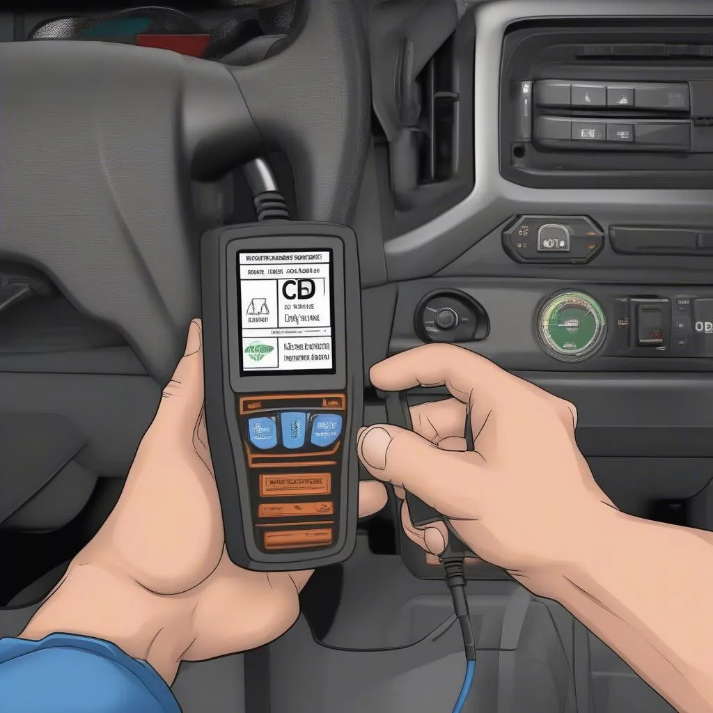 Mechanic using an OBD2 scanner to diagnose a check engine light on a GM vehicle.