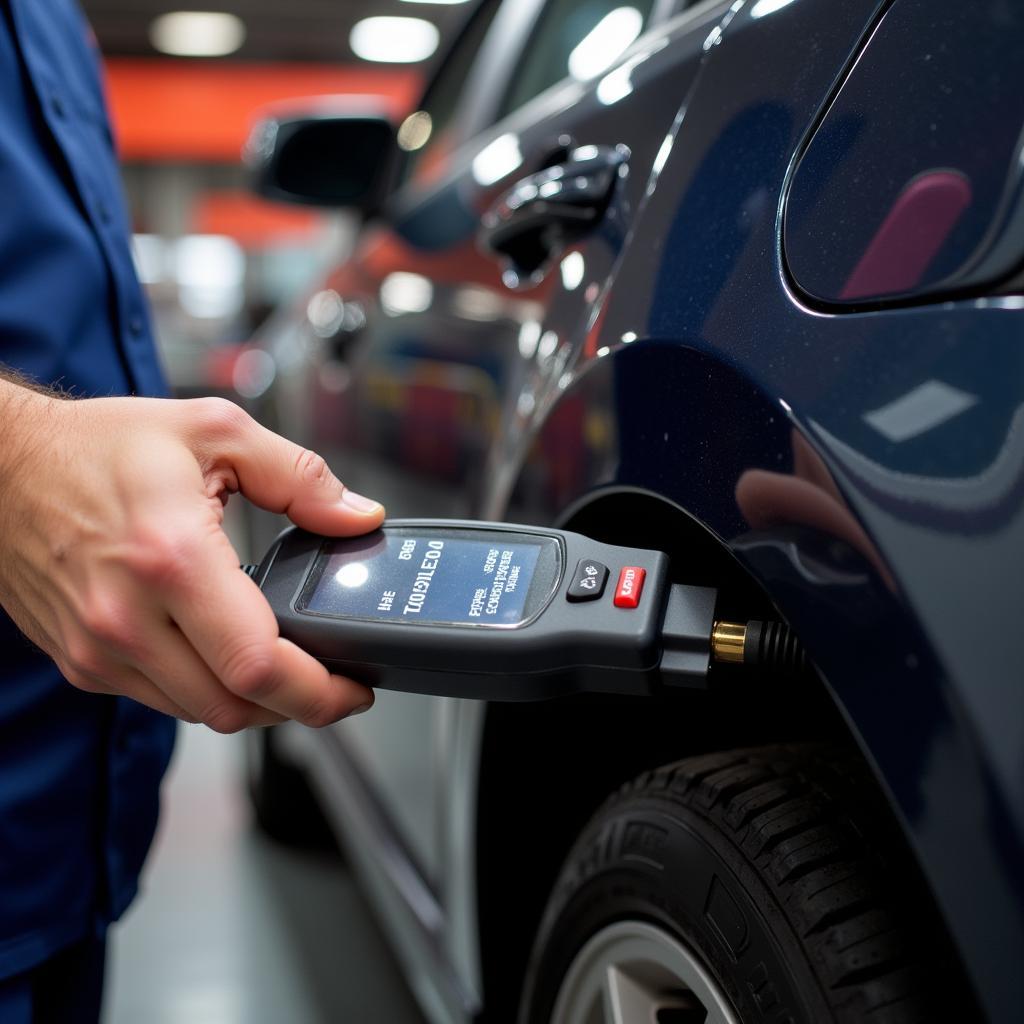 Mechanic Using OBD2 Scanner on a Japanese Car