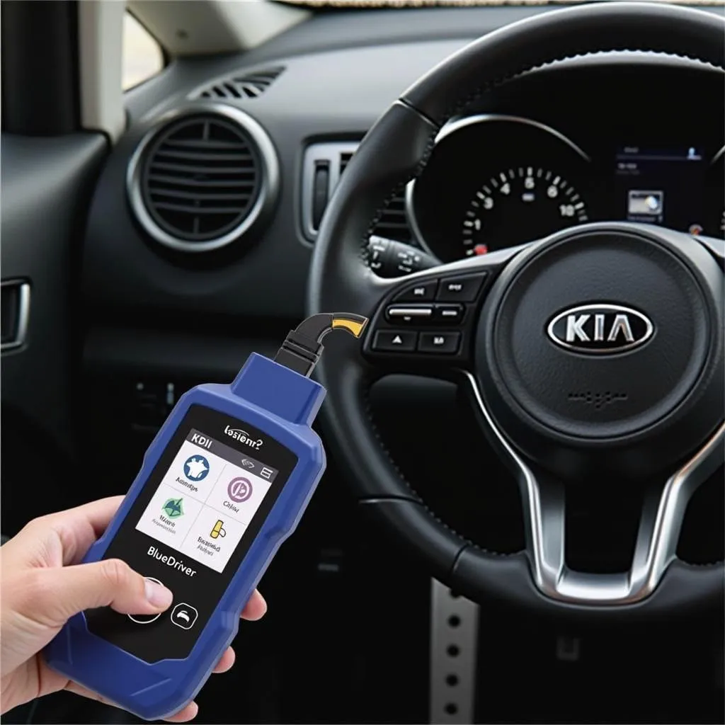 BlueDriver OBD2 scanner plugged into a Kia Sportage