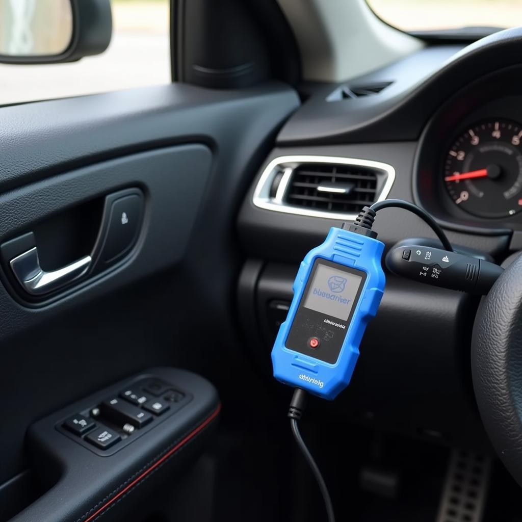 Bluedriver OBD2 scanner plugged into a car's OBD2 port