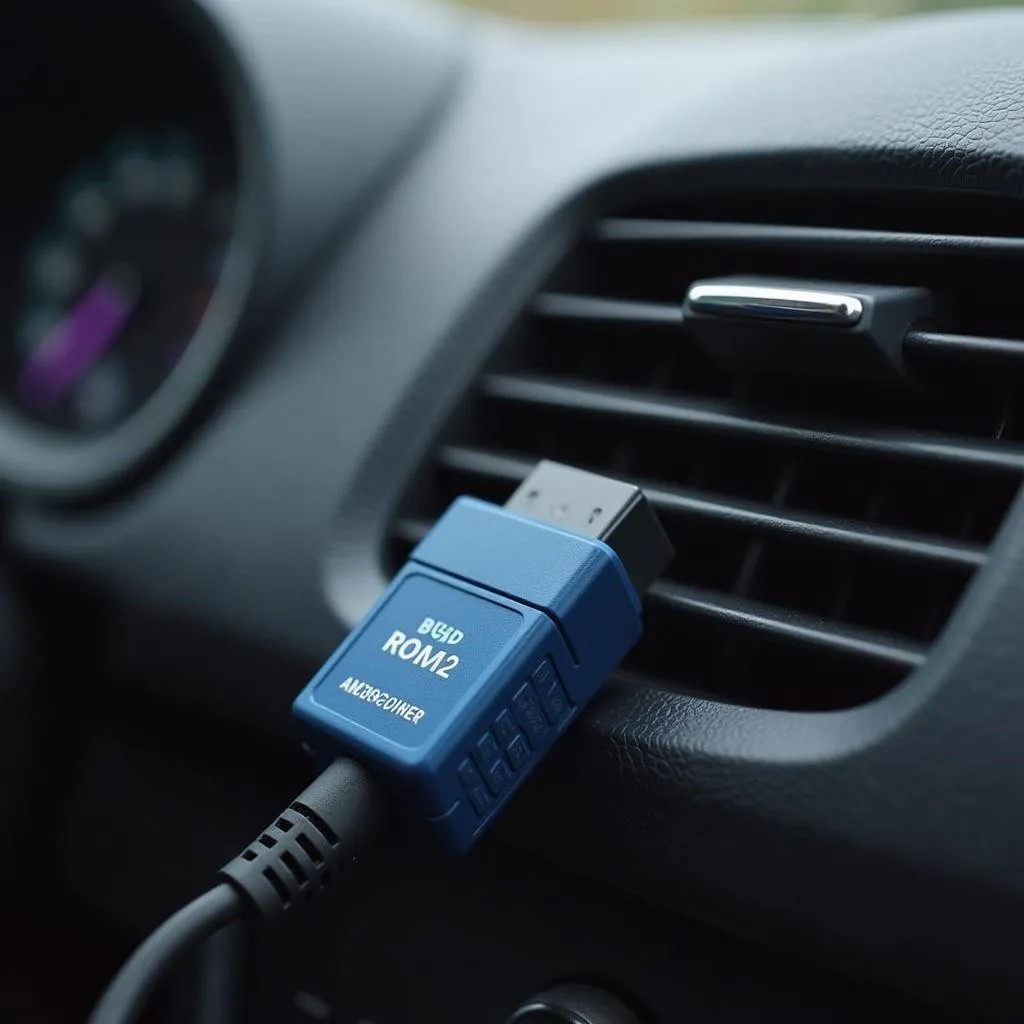 BlueDriver OBD2 scanner plugged into a car's OBD2 port