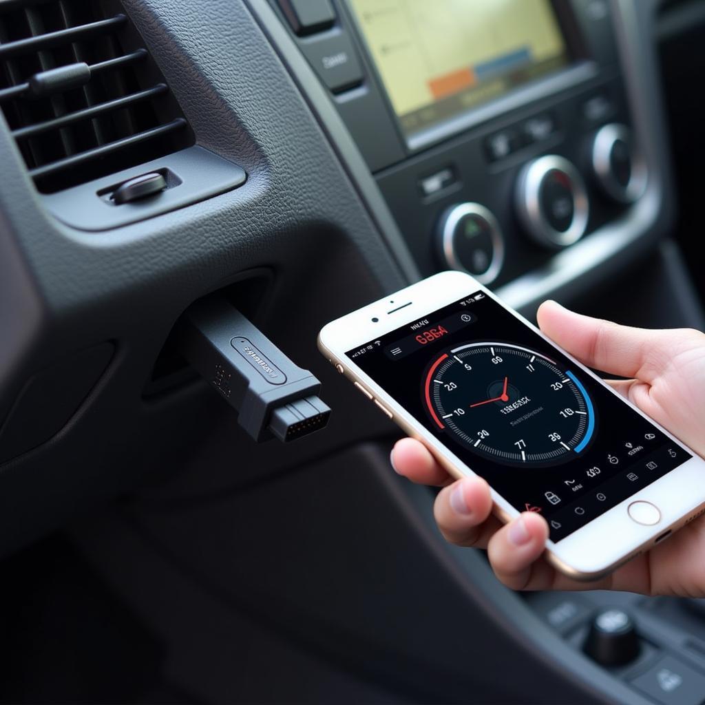 Bluetooth OBD2 adapter plugged into a car's OBD2 port and connected to a smartphone.