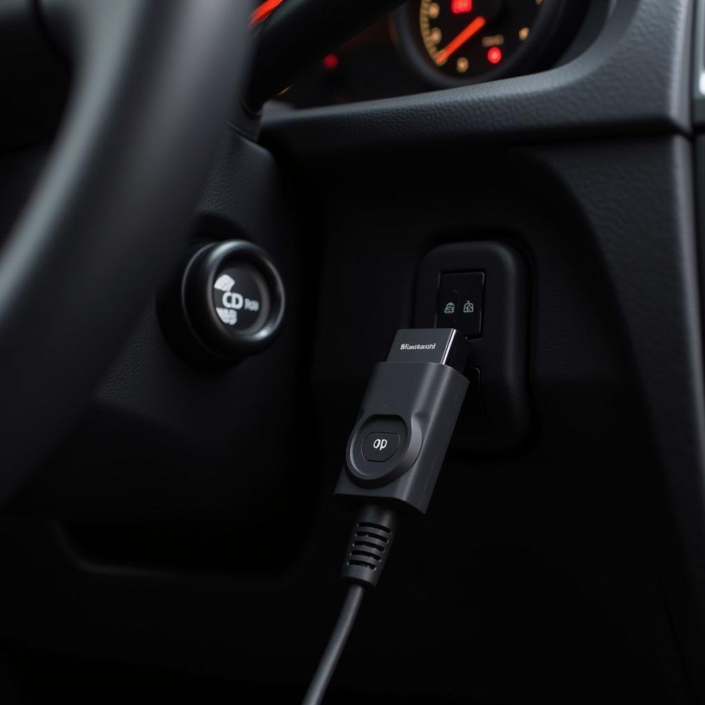 Bluetooth OBD2 reader plugged into a car's OBD2 port