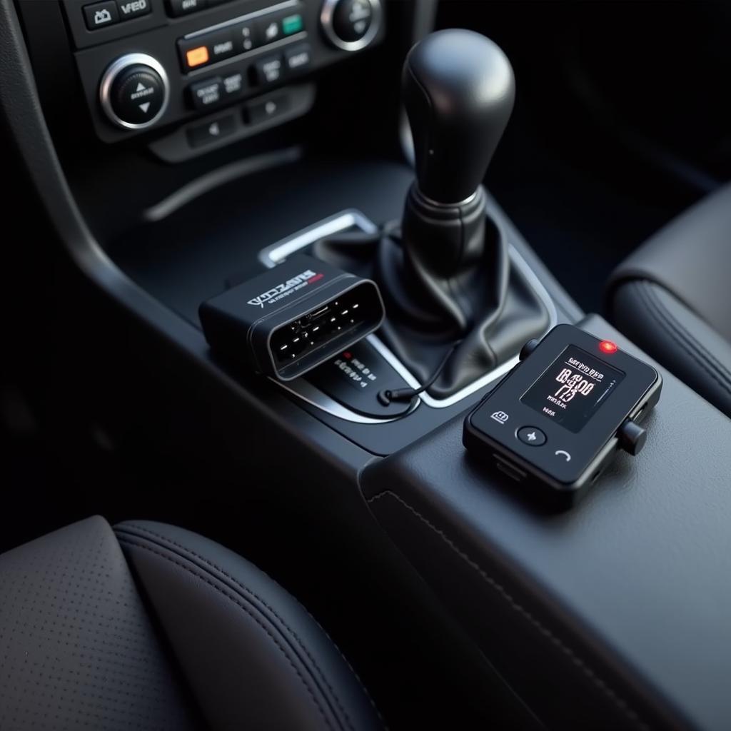 Bluetooth OBD2 scanner plugged into an Xterra's OBD2 port