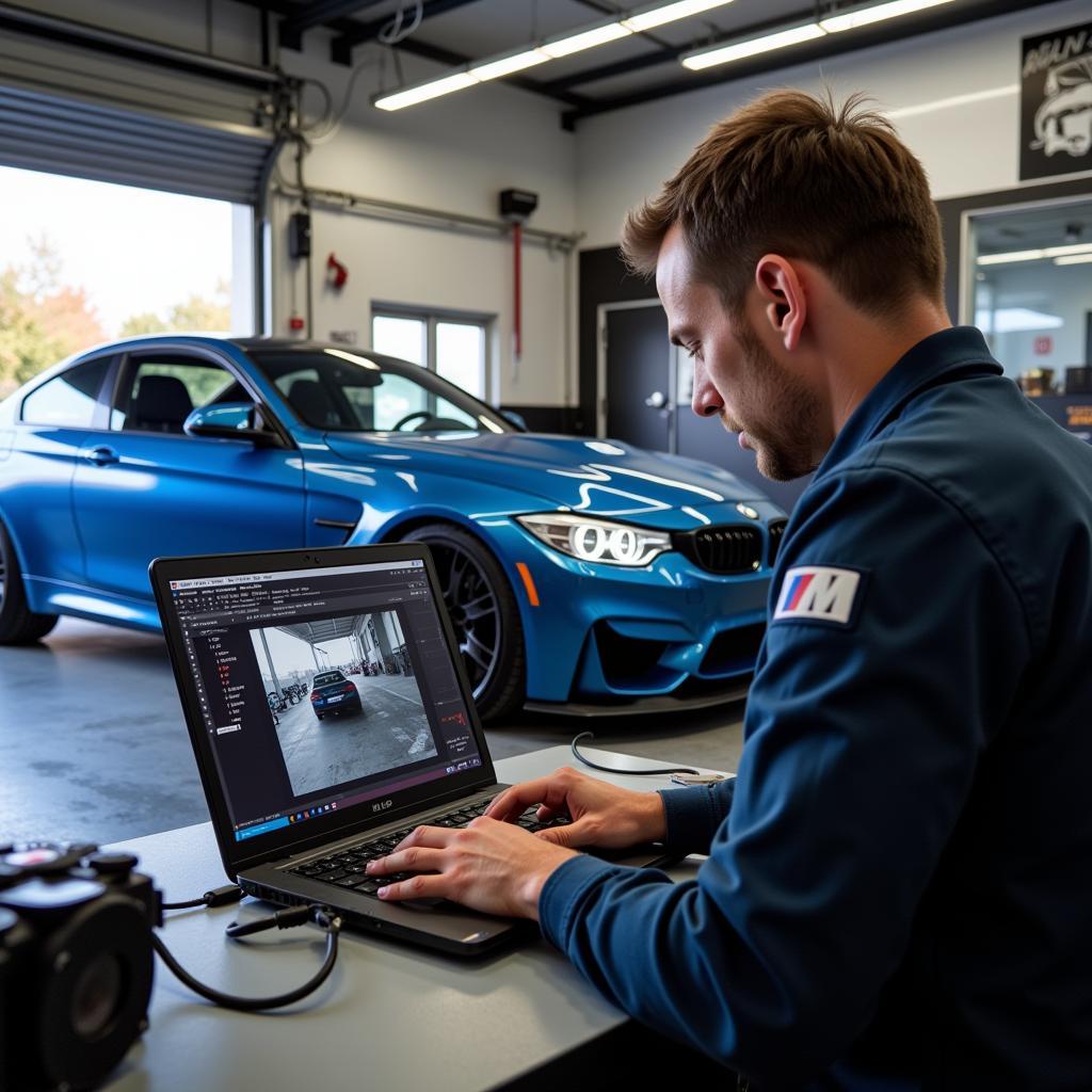 A BMW M3 being inspected in a garage, with a laptop connected for diagnostics.