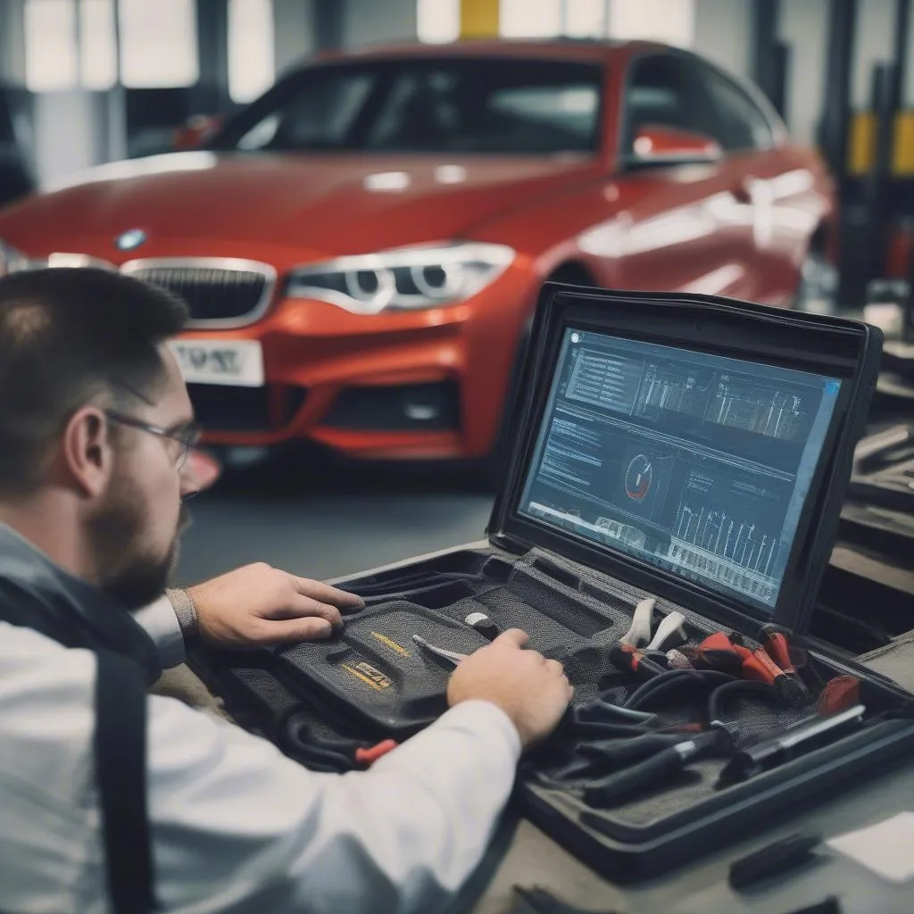 BMW Mechanic Using Advanced Diagnostic Tool