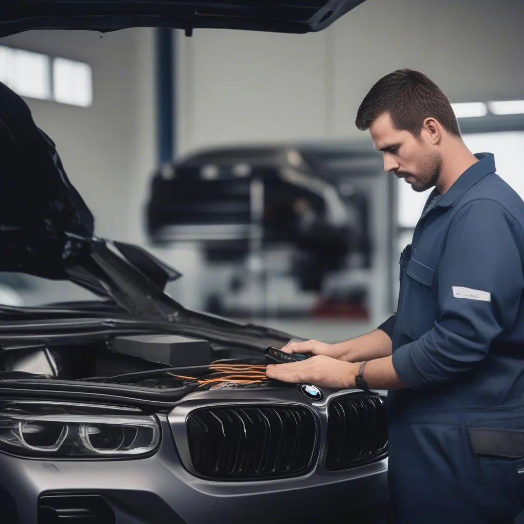 Mechanic Using OBD2 Scanner on a BMW