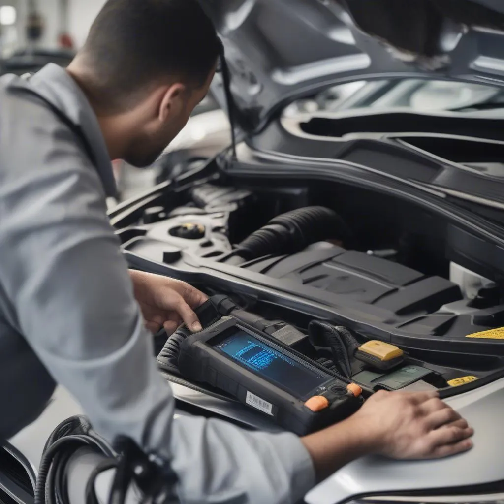 Mechanic using an OBD2 scanner to diagnose a BMW