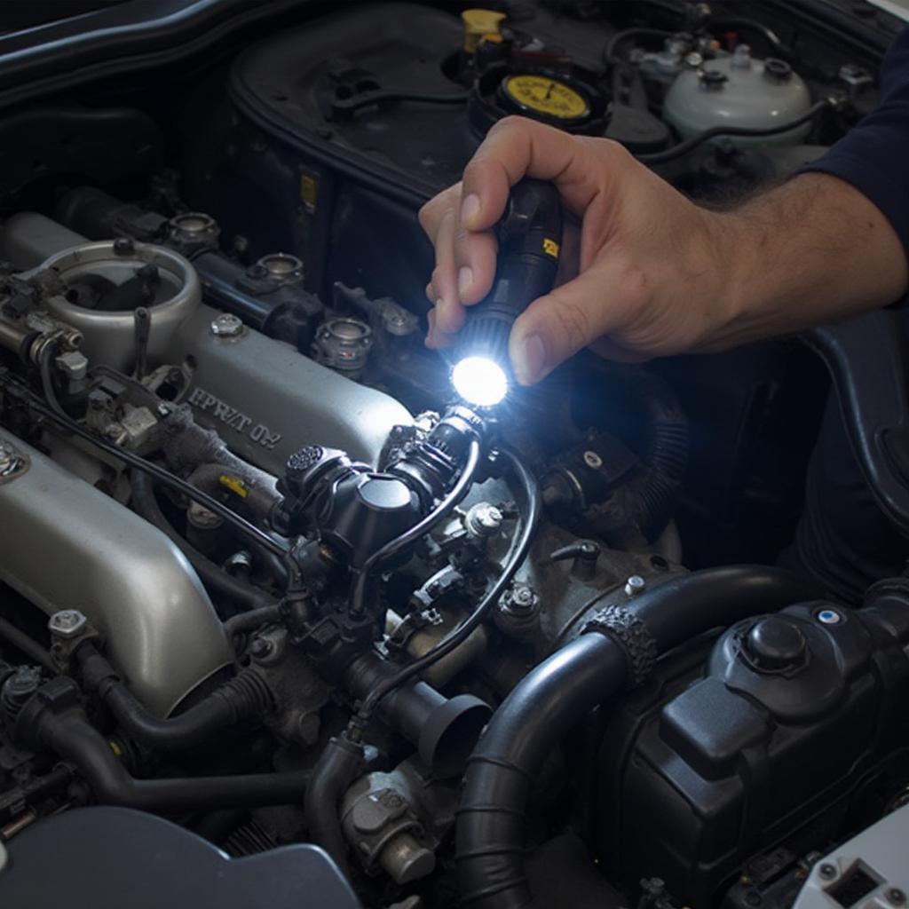 Mechanic Checking Vacuum Hoses for P0302 Diagnosis