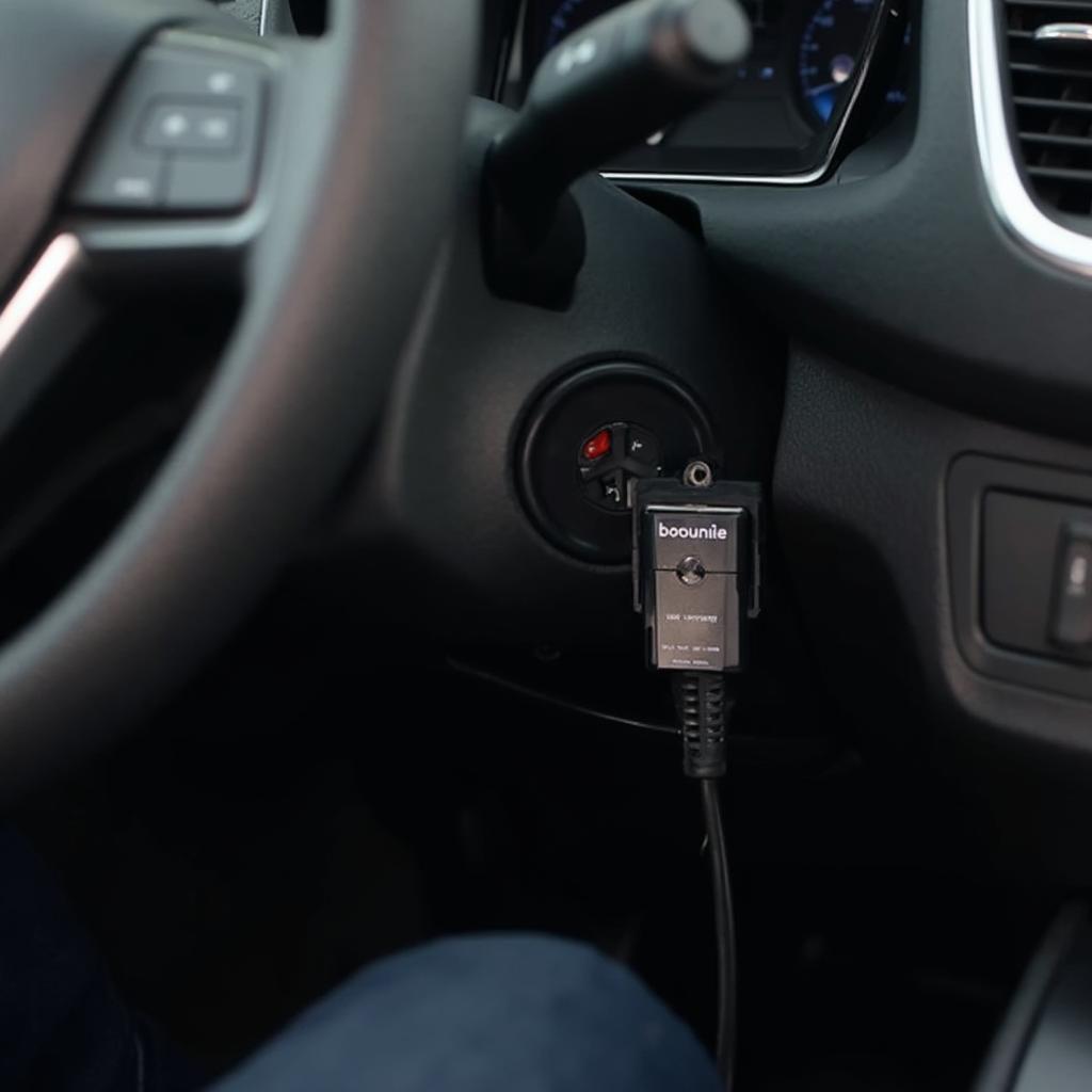 Bouncie OBD2 Device plugged into a car's OBD-II port.