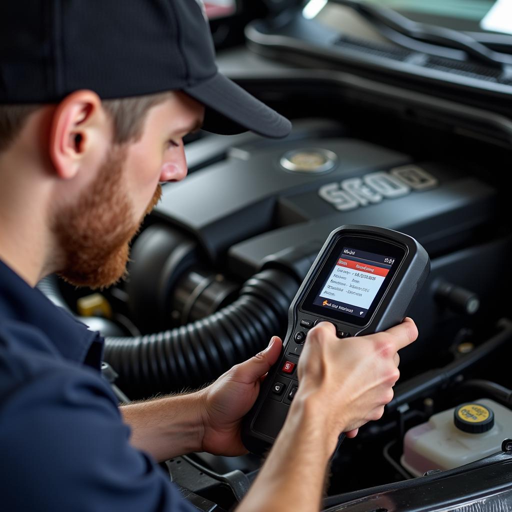 Mechanic Using OBD2 Scanner on Cadillac