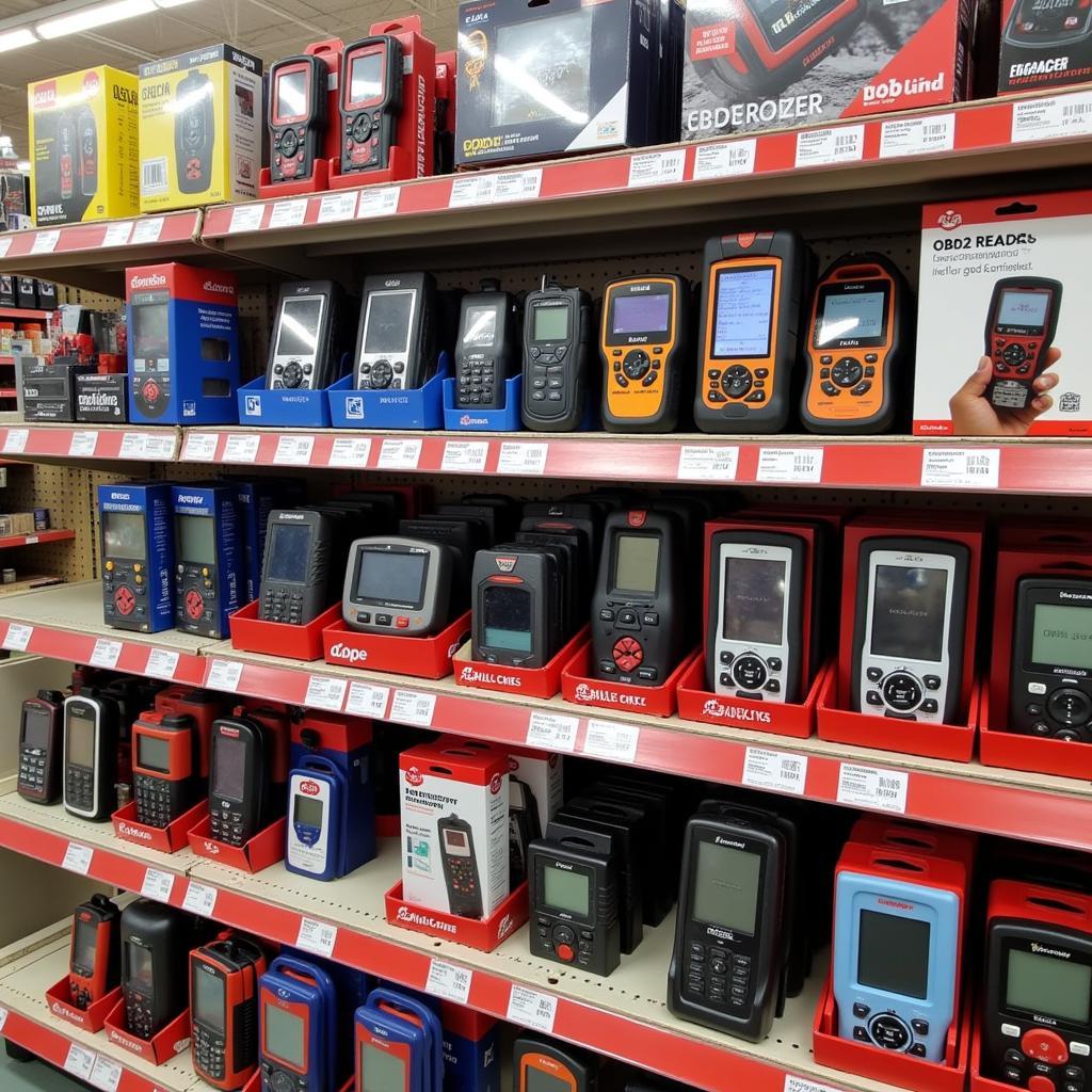 Shelves stocked with various OBD2 readers at Canadian Tire