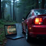 Car Connected to Laptop Showing Warning Sign